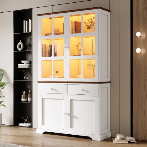 Vitrine LED 120x36,5x200 Cm Avec 2 Tiroirs Et 4 Portes, Portes Vitrées, Mdf, Blanc
