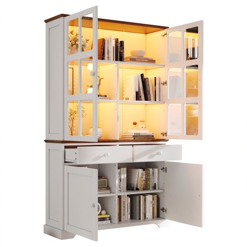 Vitrine LED 120x36,5x200 Cm Avec 2 Tiroirs Et 4 Portes, Portes Vitrées, Mdf, Blanc