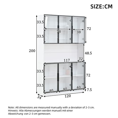 Vitrine LED 120x34x200 Cm Avec 6 Portes En Verre Transparent, Rangement Ouvert, En Mdf, Blanc