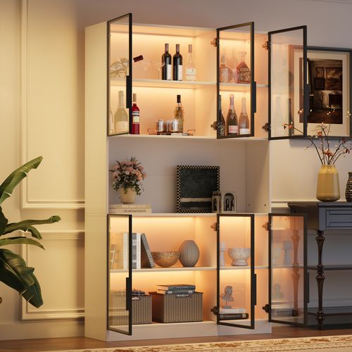 Vitrine LED 120x34x200 Cm Avec 6 Portes En Verre Transparent, Rangement Ouvert, En Mdf, Blanc