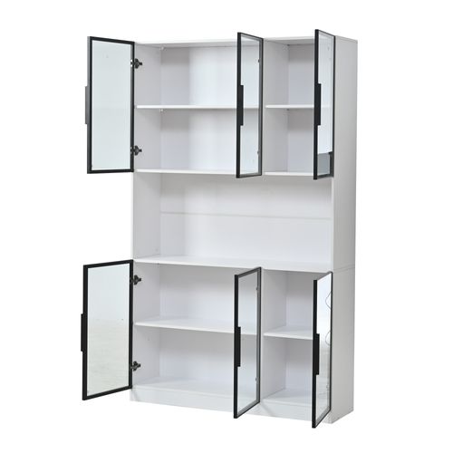 Vitrine LED 120x34x200 Cm Avec 6 Portes En Verre Transparent, Rangement Ouvert, En Mdf, Blanc