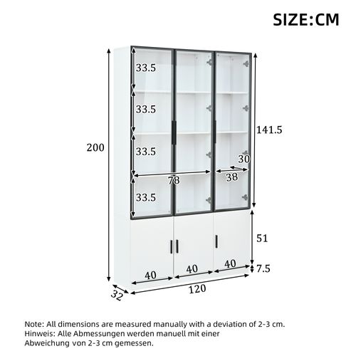 Vitrine LED 120x32x200 Cm Avec 6 Portes, Étagères, Rangement, En Mdf, Blanc