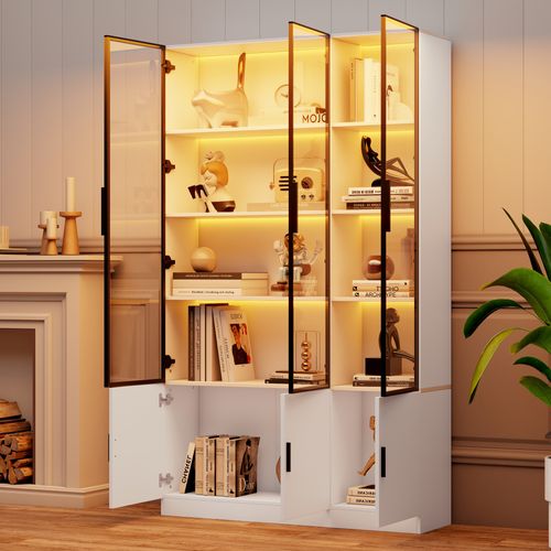 Vitrine LED 120x32x200 Cm Avec 6 Portes, Étagères, Rangement, En Mdf, Blanc