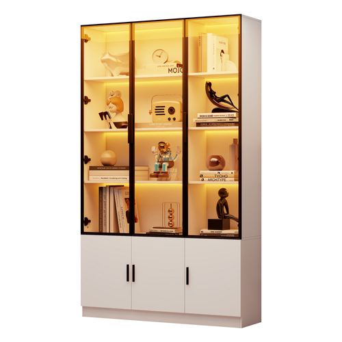 Vitrine LED 120x32x200 Cm Avec 6 Portes, Étagères, Rangement, En Mdf, Blanc