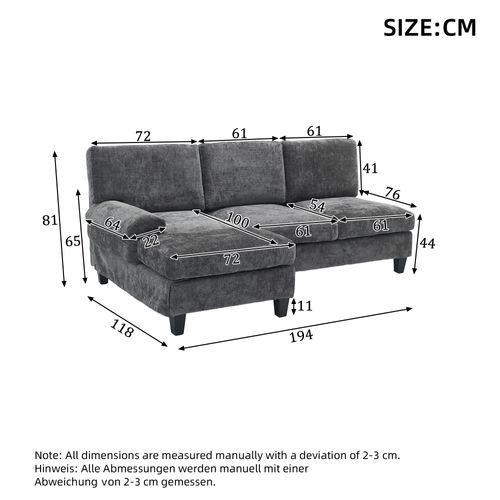 Canapé Modulable 3 Places 194x118x81 Cm, Canapé D'angle Avec Ottoman Amobile, Tissu, Gris