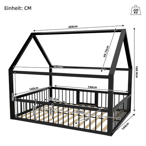 Lit Cabane Enfant 140x200 Cm Avec Barrières De Sécurité, Métal, Noir