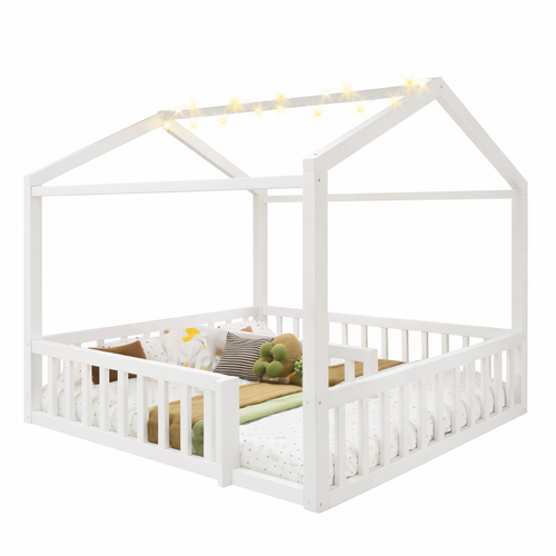 Lit Cabane Enfant 90x190/180x190 Cm Avec LED Et Barrières De Sécurité, Bois, Blanc