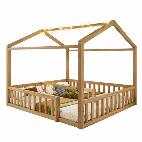 Lit Cabane Enfant 90x190/180x190 Cm Avec LED Et Barrières De Sécurité, Bois, Couleur Bois