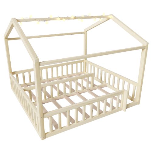 Lit Cabane Enfant 90x190/180x190 Cm Avec LED Et Barrières De Sécurité, Bois, Couleur Bois
