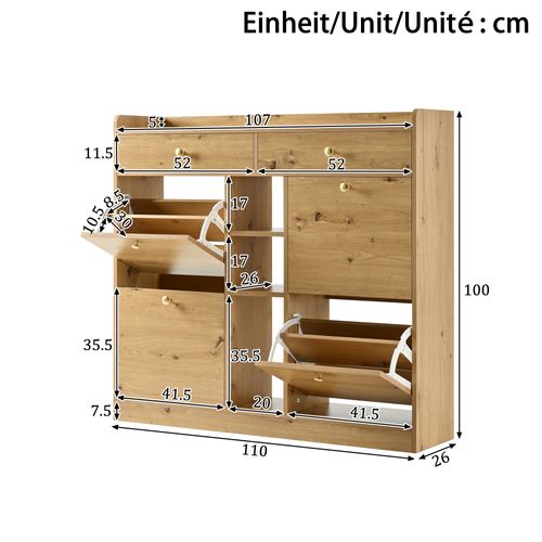 Buffet à Chaussures110x26x100 Cm Avec 2 Tiroirs, 4 Portes, 3 Compartiments Ouverts, Naturel