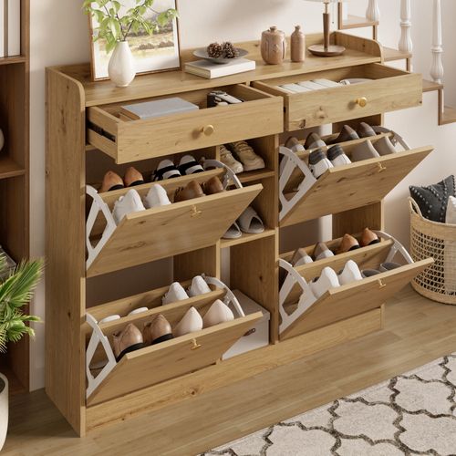 Buffet à Chaussures110x26x100 Cm Avec 2 Tiroirs, 4 Portes, 3 Compartiments Ouverts, Naturel