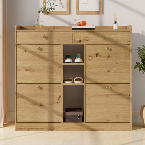 Buffet à Chaussures110x26x100 Cm Avec 2 Tiroirs, 4 Portes, 3 Compartiments Ouverts, Naturel