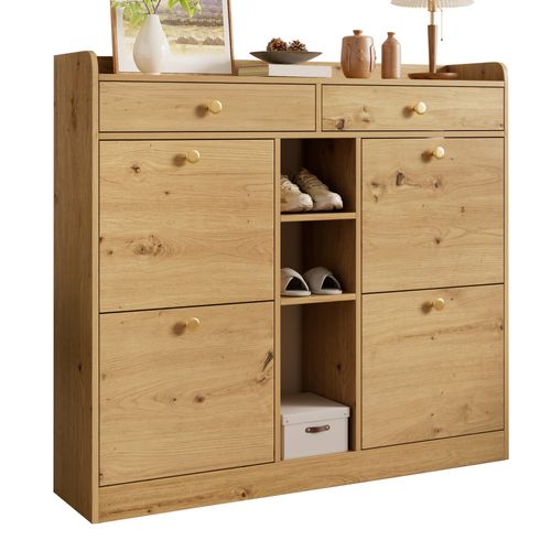 Buffet à Chaussures110x26x100 Cm Avec 2 Tiroirs, 4 Portes, 3 Compartiments Ouverts, Naturel
