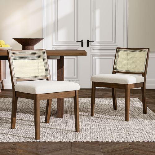 Chaises De Salle à Manger Modernes 2 Pièces, Dossier En Rotin, Bois + Lin, ​​brun