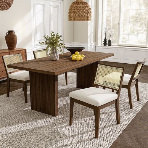 Chaises De Salle à Manger Modernes 2 Pièces, Dossier En Rotin, Bois + Lin, ​​brun