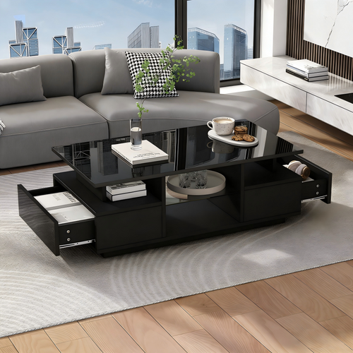 Table Basse 100x50x36 Cm, LED, 2 Tiroirs, Étagère En Verre, Noir