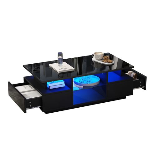 Table Basse 100x50x36 Cm, LED, 2 Tiroirs, Étagère En Verre, Noir