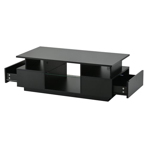 Table Basse 100x50x36 Cm, LED, 2 Tiroirs, Étagère En Verre, Noir