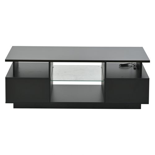Table Basse 100x50x36 Cm, LED, 2 Tiroirs, Étagère En Verre, Noir