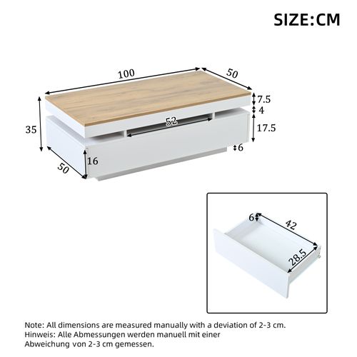 Table Basse 100x50x35 Cm, LED, 2 Tiroirs, Panneau De Particules, Blanc Et Bois