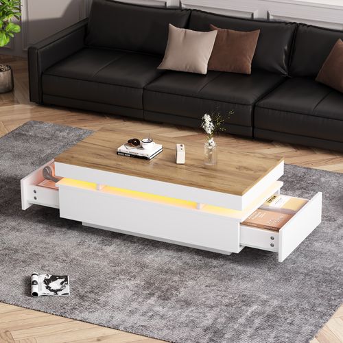 Table Basse 100x50x35 Cm, LED, 2 Tiroirs, Panneau De Particules, Blanc Et Bois