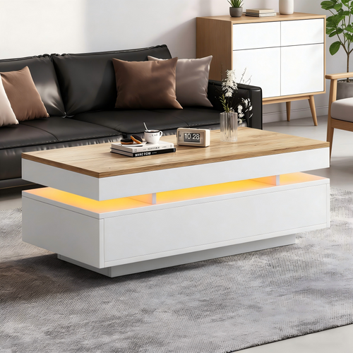 Table Basse 100x50x35 Cm, LED, 2 Tiroirs, Panneau De Particules, Blanc Et Bois