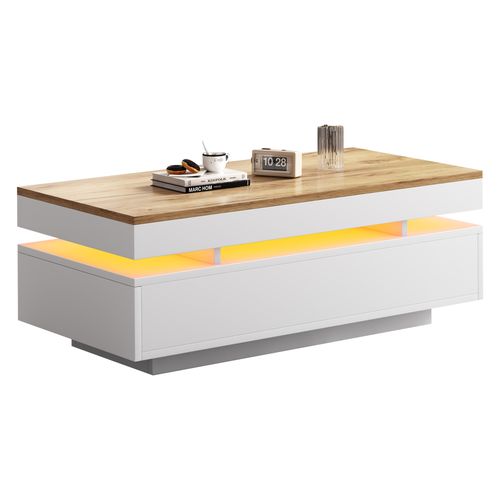 Table Basse 100x50x35 Cm, LED, 2 Tiroirs, Panneau De Particules, Blanc Et Bois