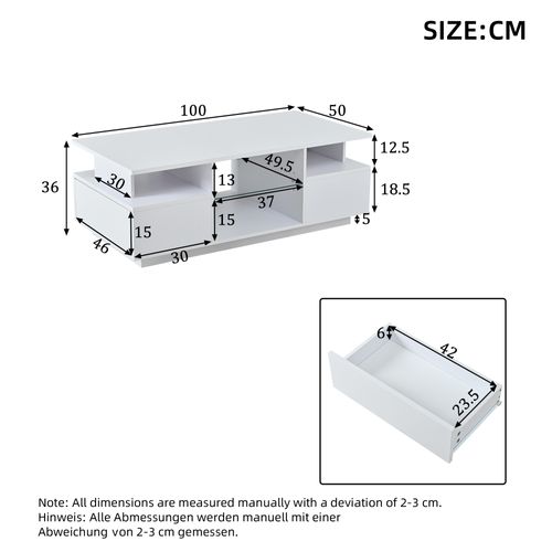 Table Basse 100x50x36 Cm, LED, 2 Tiroirs, Étagère En Verre, Blanc