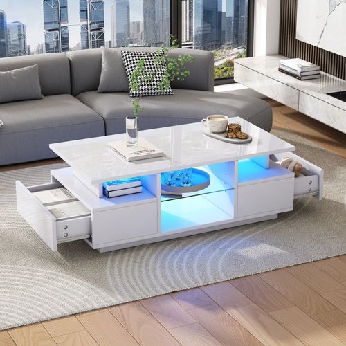 Table Basse 100x50x36 Cm, LED, 2 Tiroirs, Étagère En Verre, Blanc