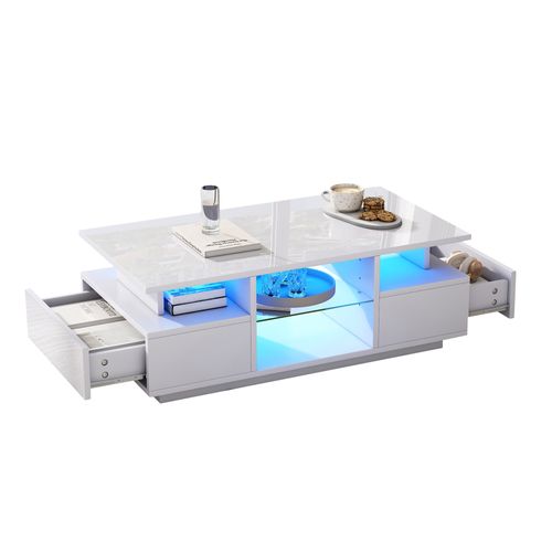Table Basse 100x50x36 Cm, LED, 2 Tiroirs, Étagère En Verre, Blanc