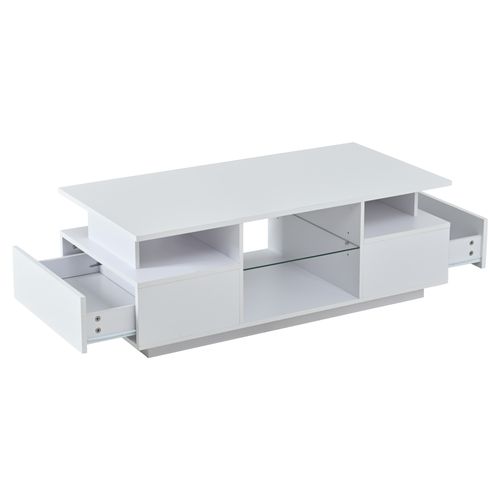 Table Basse 100x50x36 Cm, LED, 2 Tiroirs, Étagère En Verre, Blanc