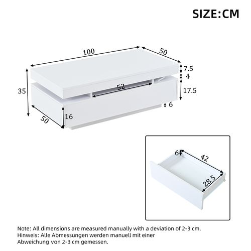 Table Basse 100x50x35 Cm, LED, 2 Tiroirs, Panneau De Particules, Blanc