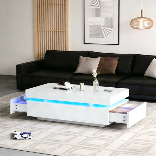 Table Basse 100x50x35 Cm, LED, 2 Tiroirs, Panneau De Particules, Blanc