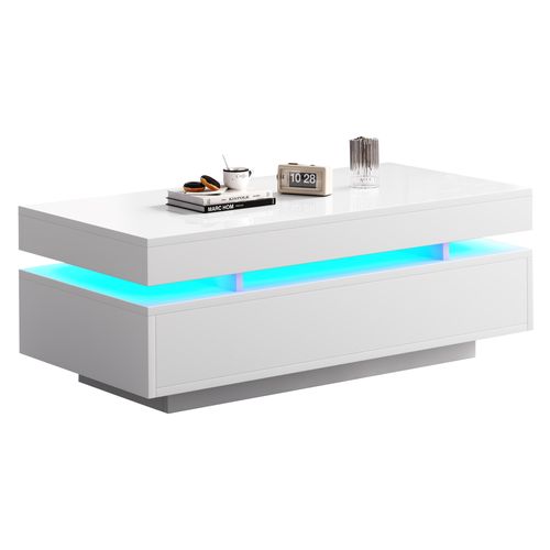Table Basse 100x50x35 Cm, LED, 2 Tiroirs, Panneau De Particules, Blanc