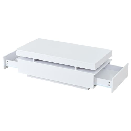 Table Basse 100x50x35 Cm, LED, 2 Tiroirs, Panneau De Particules, Blanc