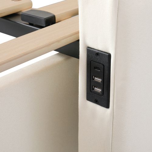 Lit Gigogne Enfant 90x190 Cm Extensible 180 Cm Avec USB Et 2 Tiroirs, Lin, Beige