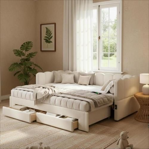 Lit Gigogne Enfant 90x200 Cm Extensible 180 Cm Avec USB Et 2 Tiroirs, Lin, Beige