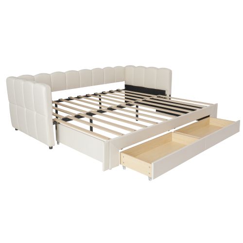 Lit Gigogne Enfant 90x200 Cm Extensible 180 Cm Avec USB Et 2 Tiroirs, Lin, Beige