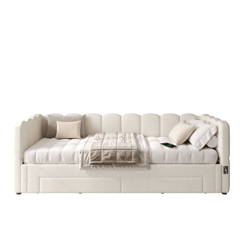 Lit Gigogne Enfant 90x200 Cm Extensible 180 Cm Avec USB Et 2 Tiroirs, Lin, Beige