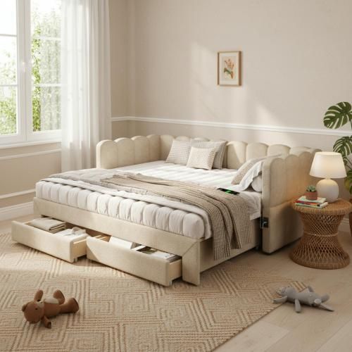 Lit Gigogne Enfant 90x190 Cm Extensible 180 Cm Avec USB Et 2 Tiroirs, Tissu, Beige