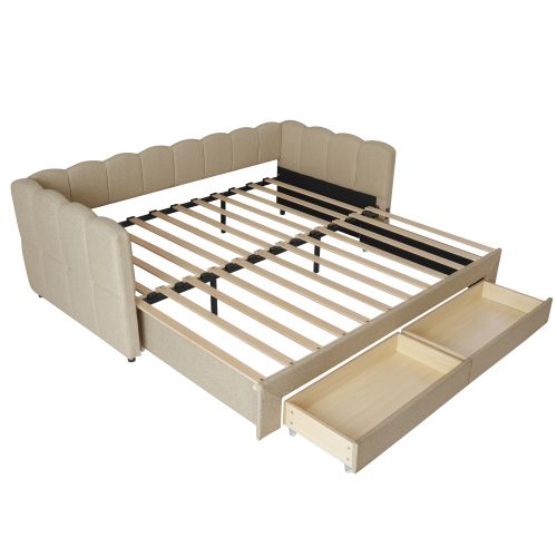 Lit Gigogne Enfant 90x190 Cm Extensible 180 Cm Avec USB Et 2 Tiroirs, Tissu, Beige