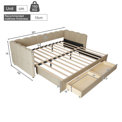 Lit Gigogne Enfant 90x200 Cm Extensible 180 Cm Avec USB Et 2 Tiroirs, Tissu, Beige