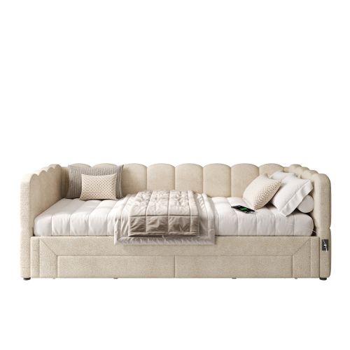 Lit Gigogne Enfant 90x200 Cm Extensible 180 Cm Avec USB Et 2 Tiroirs, Tissu, Beige