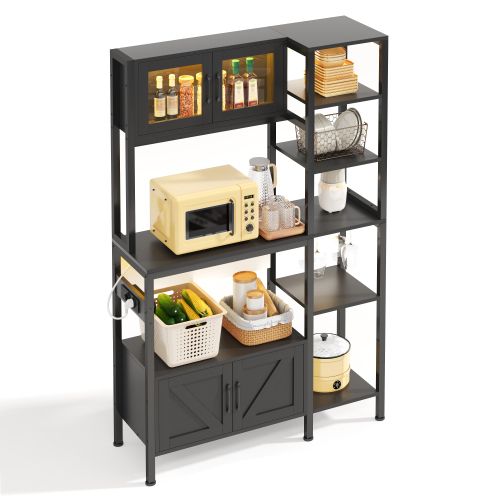 Buffet De Cuisine 115x40x180 Cm Avec 4 Portes, Étagères Ouvertes, LED Et Prise, Mdf, Noir