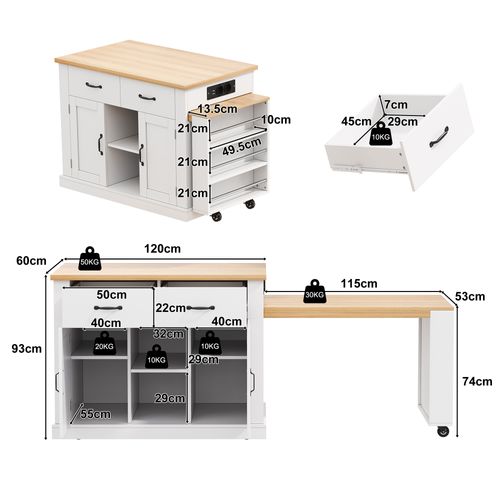 Îlot De Cuisine Mobile 132/235x60x93 Cm Avec 2 Tiroirs, 2 Portes, Table Extensible, Mdf, Blanc