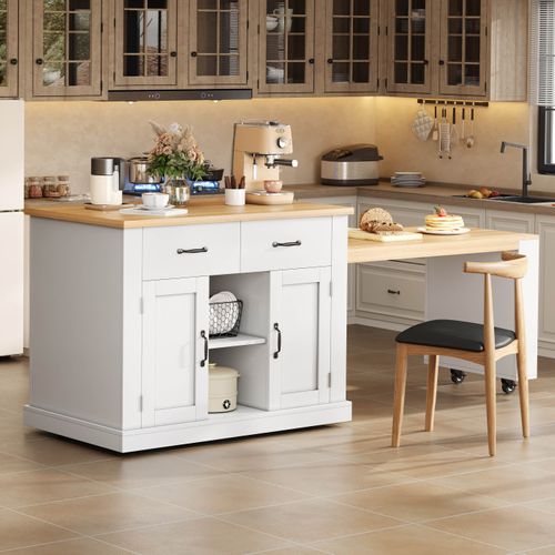 Îlot De Cuisine Mobile 132/235x60x93 Cm Avec 2 Tiroirs, 2 Portes, Table Extensible, Mdf, Blanc