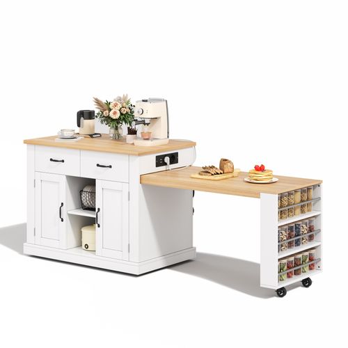 Îlot De Cuisine Mobile 132/235x60x93 Cm Avec 2 Tiroirs, 2 Portes, Table Extensible, Mdf, Blanc
