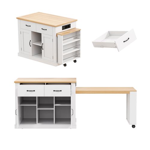 Îlot De Cuisine Mobile 132/235x60x93 Cm Avec 2 Tiroirs, 2 Portes, Table Extensible, Mdf, Blanc