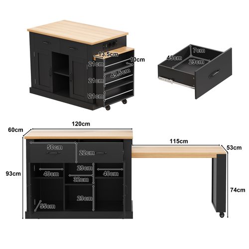 Îlot De Cuisine Mobile 132/235x60x93 Cm Avec 2 Tiroirs, 2 Portes, Table Extensible, Mdf, Noir