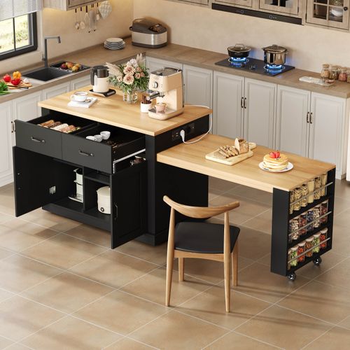Îlot De Cuisine Mobile 132/235x60x93 Cm Avec 2 Tiroirs, 2 Portes, Table Extensible, Mdf, Noir